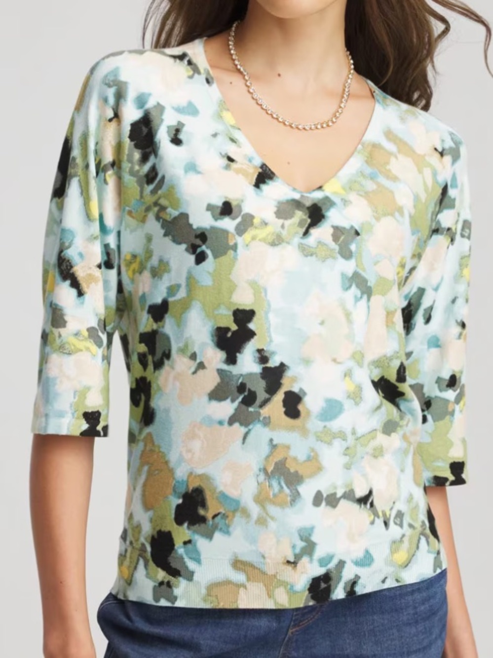 Chico’s Printed Dolman V- Neck Pullover Sweater, Size XXL, NWT